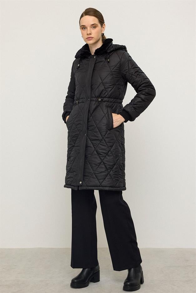 Removable Hooded Fur Collar Quilted Coat BLACK 6624