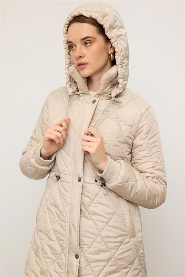 Removable Hooded Fur Collar Quilted Coat STONE 6624