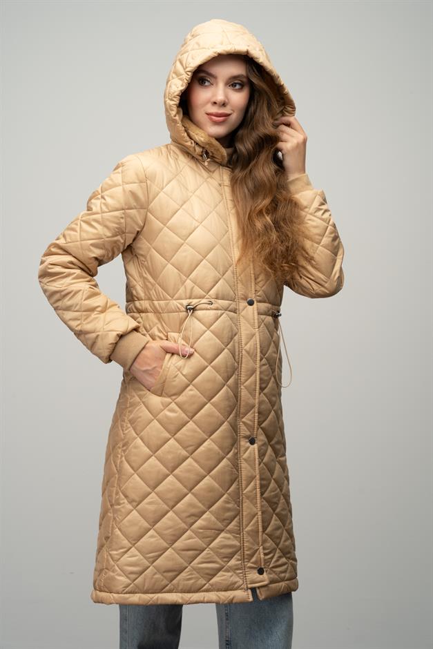 Removable Hooded Fur Collar Quilted Coat CAMEL 6624