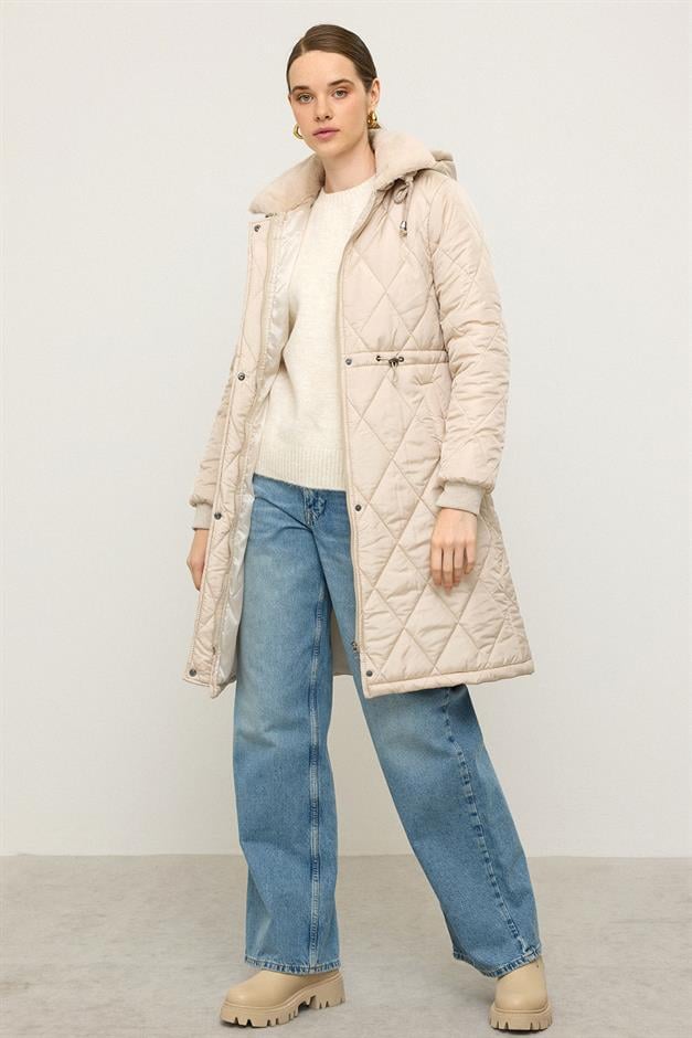 Removable Hooded Fur Collar Quilted Coat STONE 6624