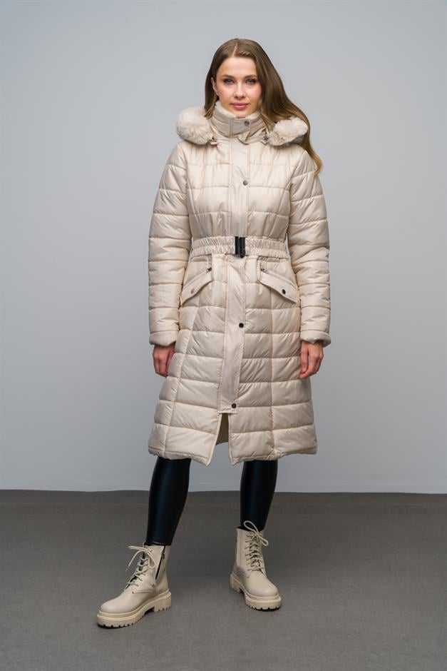 معطف مبطن بسحاب مع ياقة قابلة للفصل وغطاء رأس بتفاصيل من الفرو حجر 6623