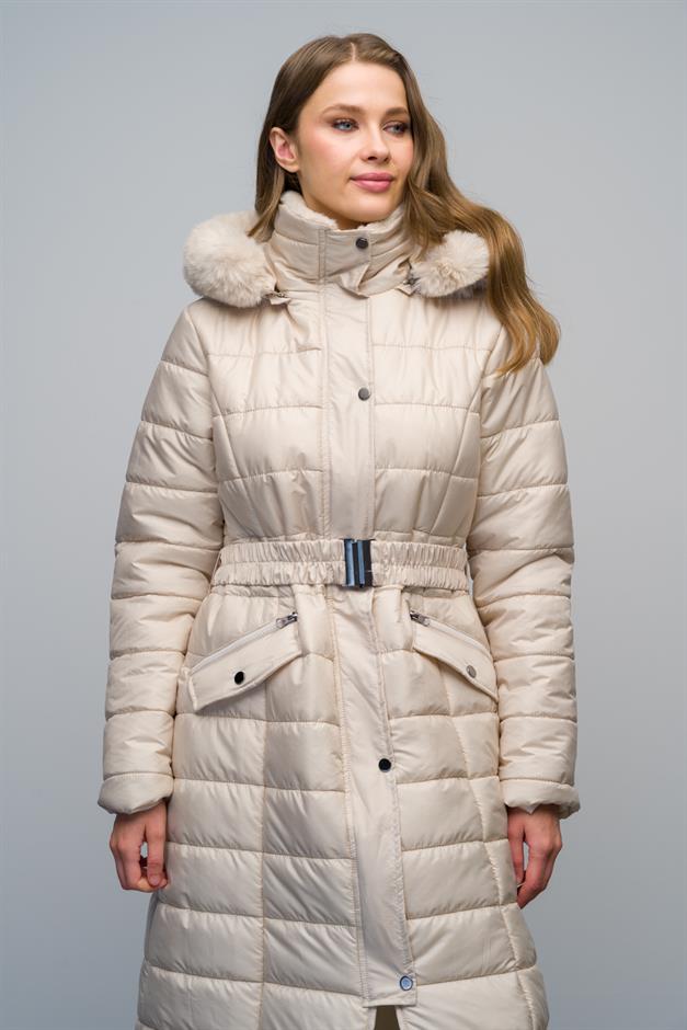 معطف مبطن بسحاب مع ياقة قابلة للفصل وغطاء رأس بتفاصيل من الفرو حجر 6623