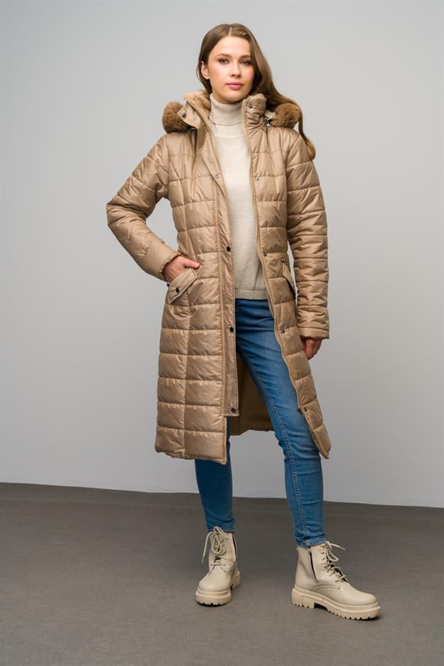 معطف مبطن بسحاب مع ياقة قابلة للفصل وغطاء رأس بتفاصيل من الفرو كامل 6623