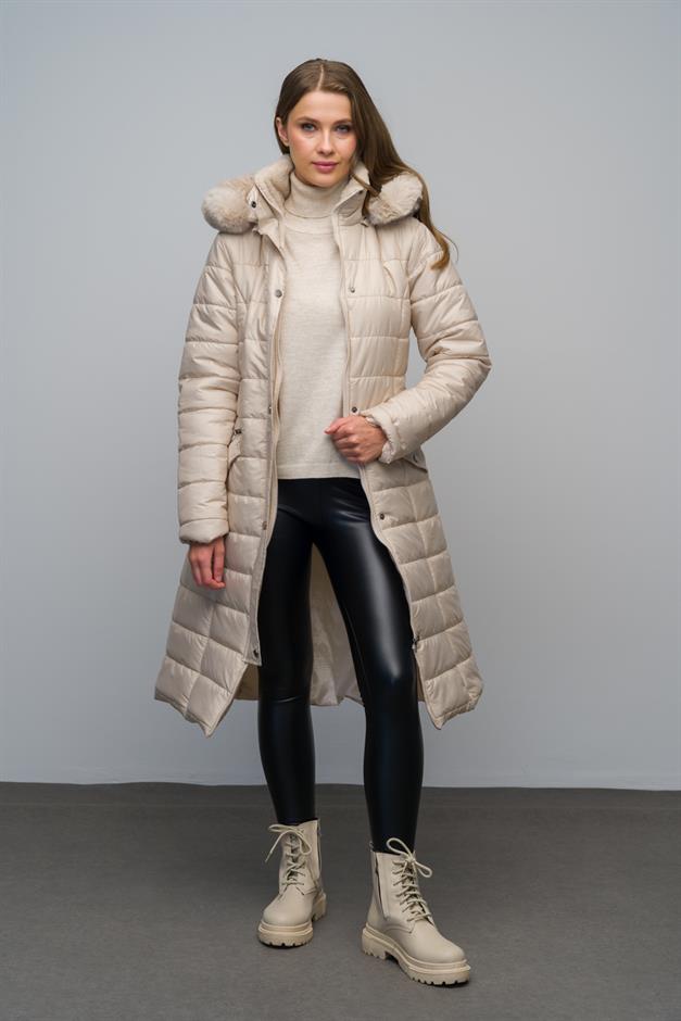 معطف مبطن بسحاب مع ياقة قابلة للفصل وغطاء رأس بتفاصيل من الفرو حجر 6623