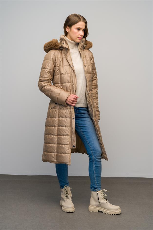 معطف مبطن بسحاب مع ياقة قابلة للفصل وغطاء رأس بتفاصيل من الفرو كامل 6623