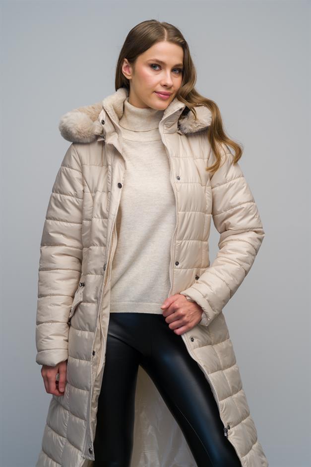 معطف مبطن بسحاب مع ياقة قابلة للفصل وغطاء رأس بتفاصيل من الفرو حجر 6623