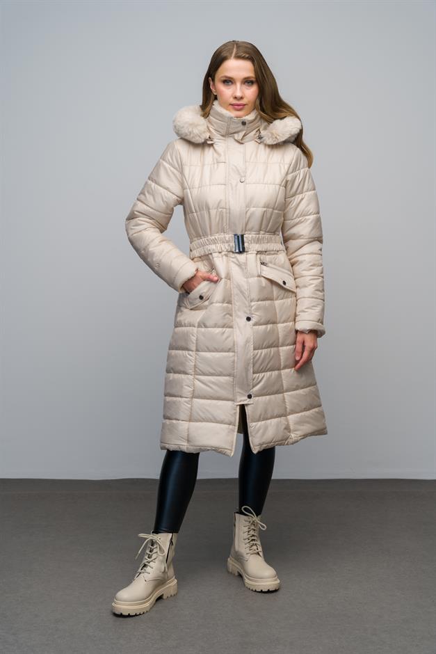 معطف مبطن بسحاب مع ياقة قابلة للفصل وغطاء رأس بتفاصيل من الفرو حجر 6623