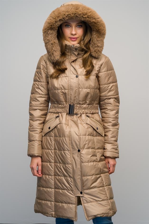 معطف مبطن بسحاب مع ياقة قابلة للفصل وغطاء رأس بتفاصيل من الفرو كامل 6623