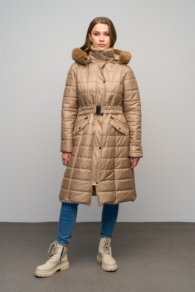 معطف مبطن بسحاب مع ياقة قابلة للفصل وغطاء رأس بتفاصيل من الفرو كامل 6623