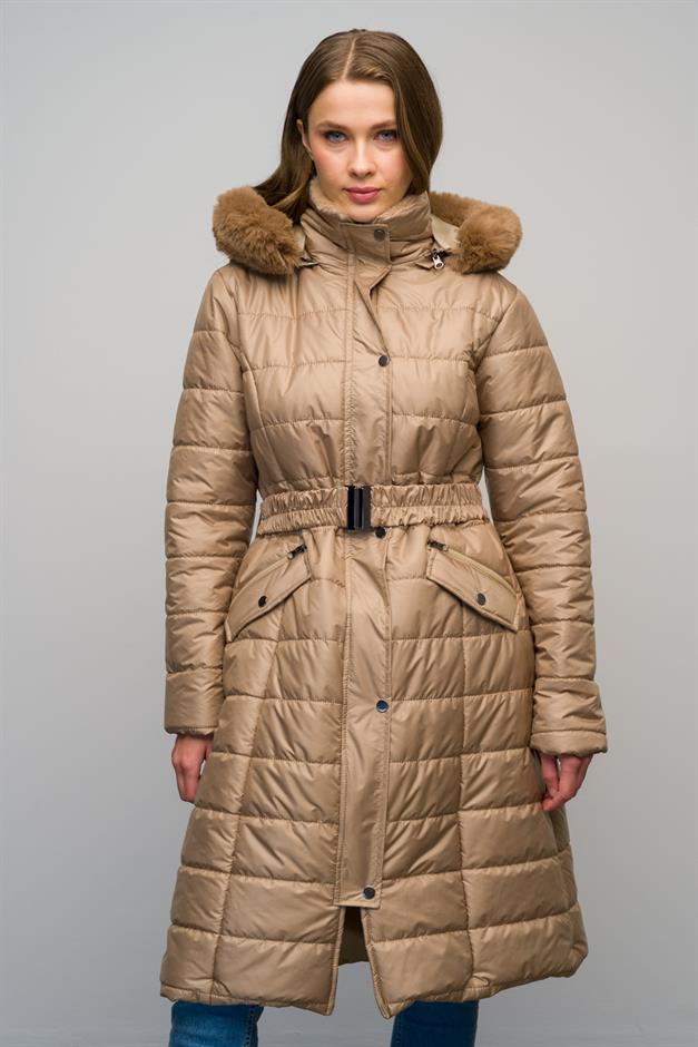 معطف مبطن بسحاب مع ياقة قابلة للفصل وغطاء رأس بتفاصيل من الفرو كامل 6623