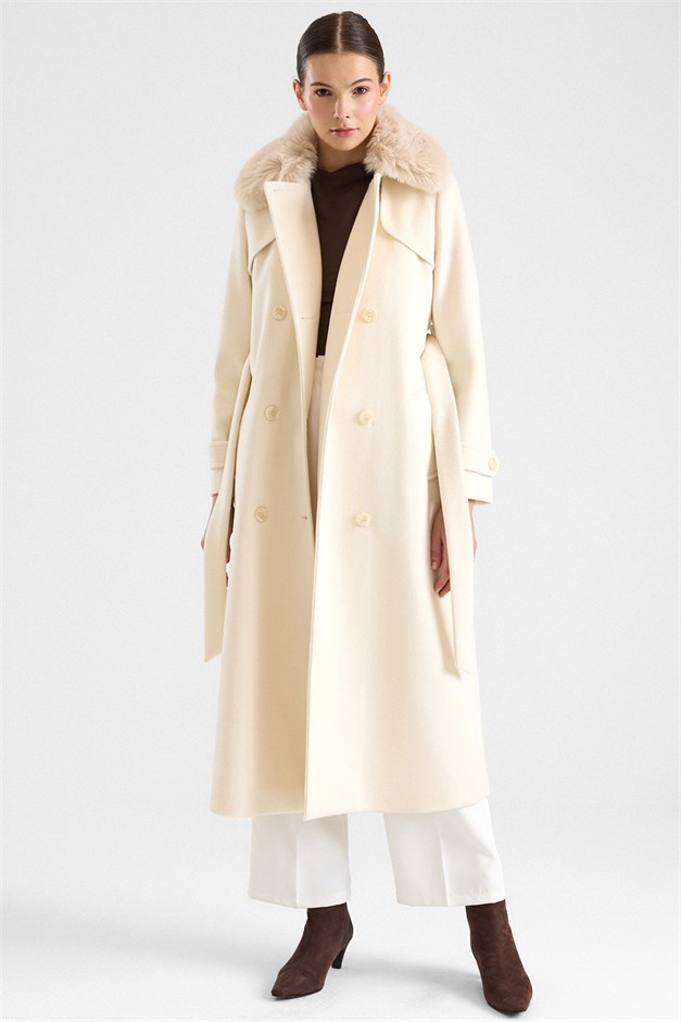 Çıkabilir Kürklü Apolet ve Pelerin Detaylı Uzun Kaban EKRU 3184