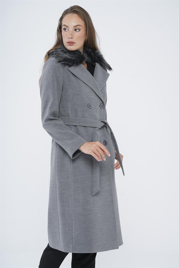 Detachable Fur Waist-Tied Double-Breasted Coat GREY 3858