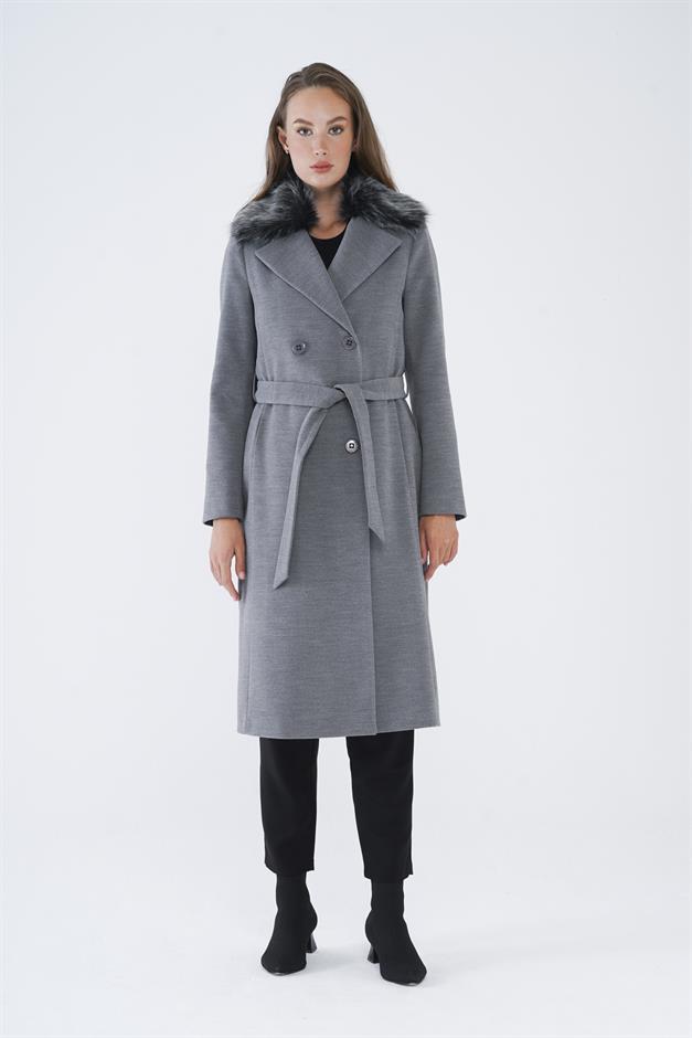 Detachable Fur Waist-Tied Double-Breasted Coat GREY 3858