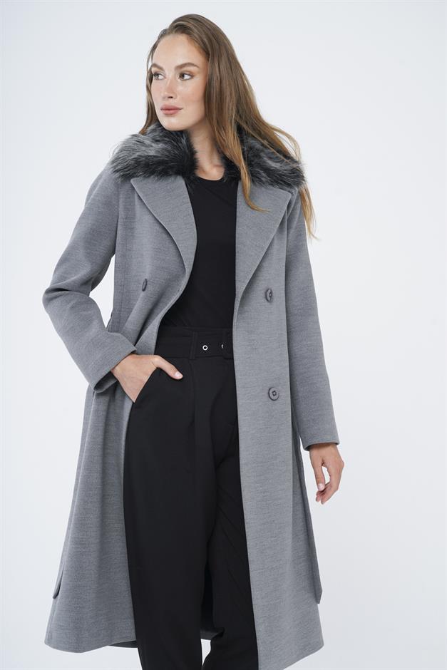 Detachable Fur Waist-Tied Double-Breasted Coat GREY 3858