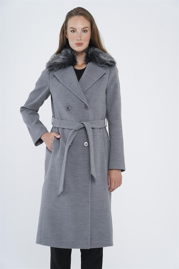 Detachable Fur Waist-Tied Double-Breasted Coat GREY 3858
