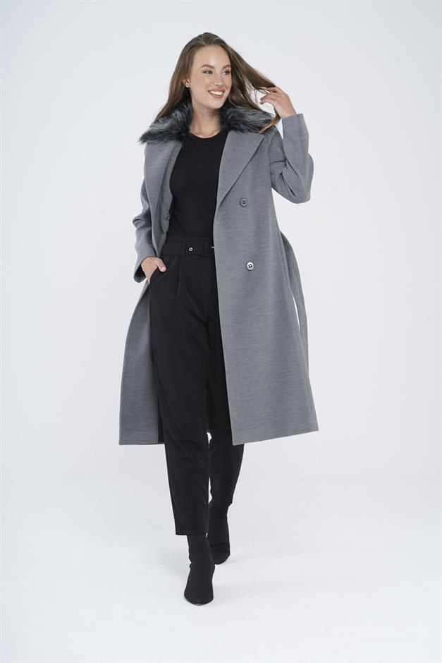 Detachable Fur Waist-Tied Double-Breasted Coat GREY 3858