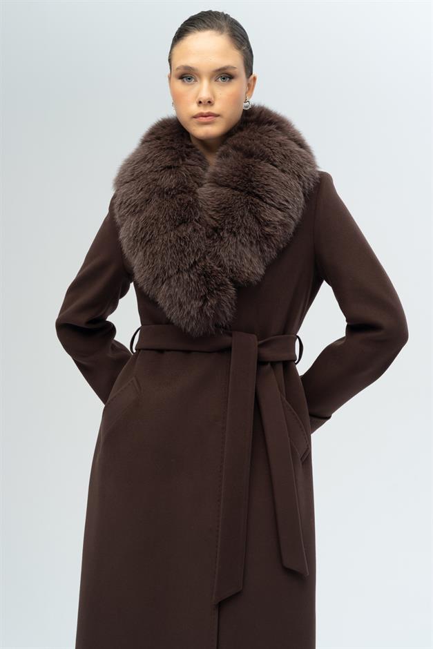معطف كشمير طويل مبطن بالفرو قابل للفصل ومربوط عند الخصر القهوة السوداء 3133-TK