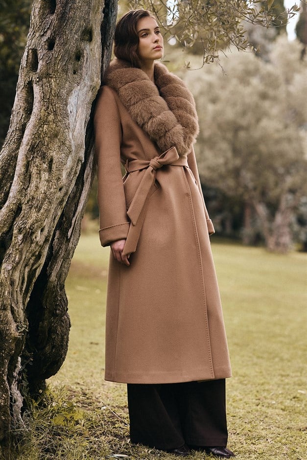 Detachable Fur-Lined Waist-Tied Long Cashmere Coat CAMEL 3133-TK