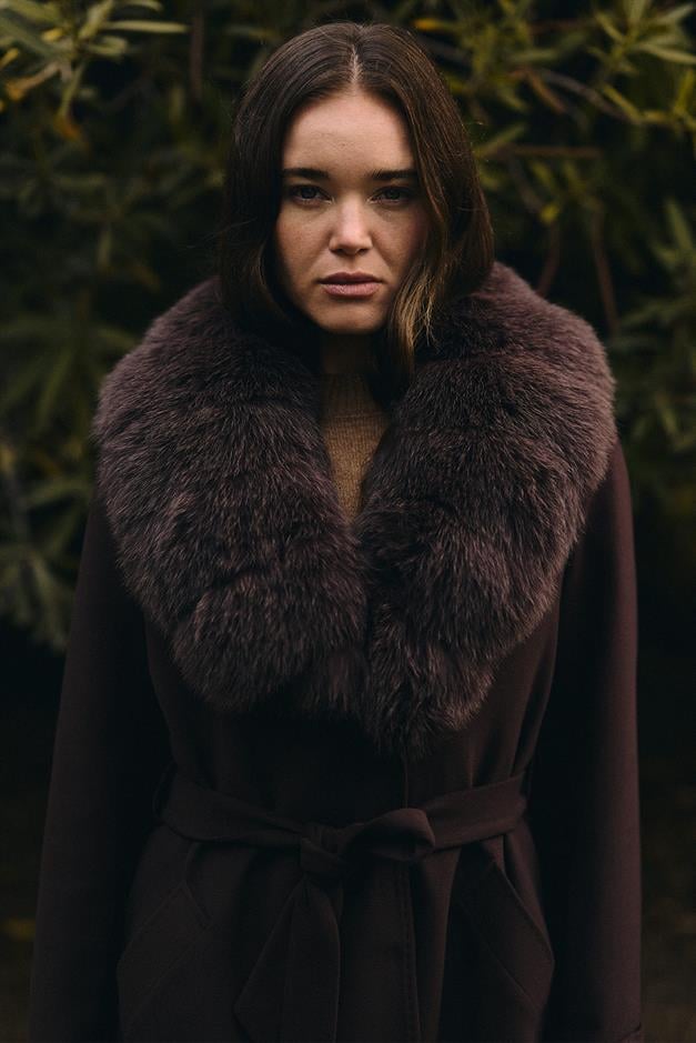 معطف كشمير طويل مبطن بالفرو قابل للفصل ومربوط عند الخصر القهوة السوداء 3133-TK