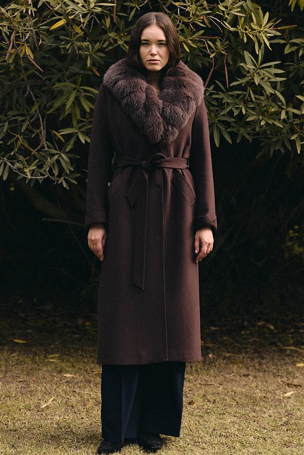 معطف كشمير طويل مبطن بالفرو قابل للفصل ومربوط عند الخصر القهوة السوداء 3133-TK