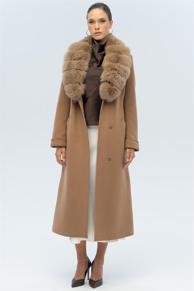معطف كشمير طويل مبطن بالفرو قابل للفصل ومربوط عند الخصر كامل 3133-TK
