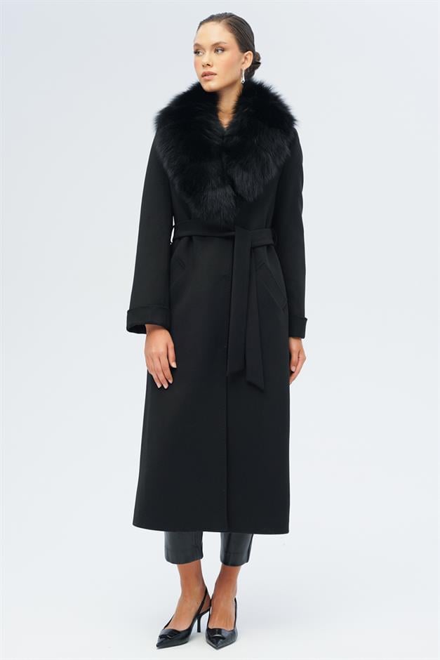 معطف كشمير طويل مبطن بالفرو قابل للفصل ومربوط عند الخصر أسود 3133-TK