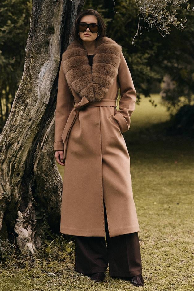 معطف كشمير طويل مبطن بالفرو قابل للفصل ومربوط عند الخصر كامل 3133-TK