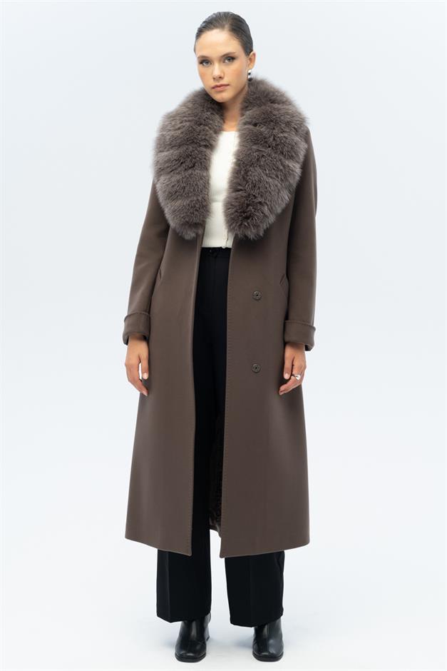 معطف كشمير طويل مبطن بالفرو قابل للفصل ومربوط عند الخصر دخان 3133-TK