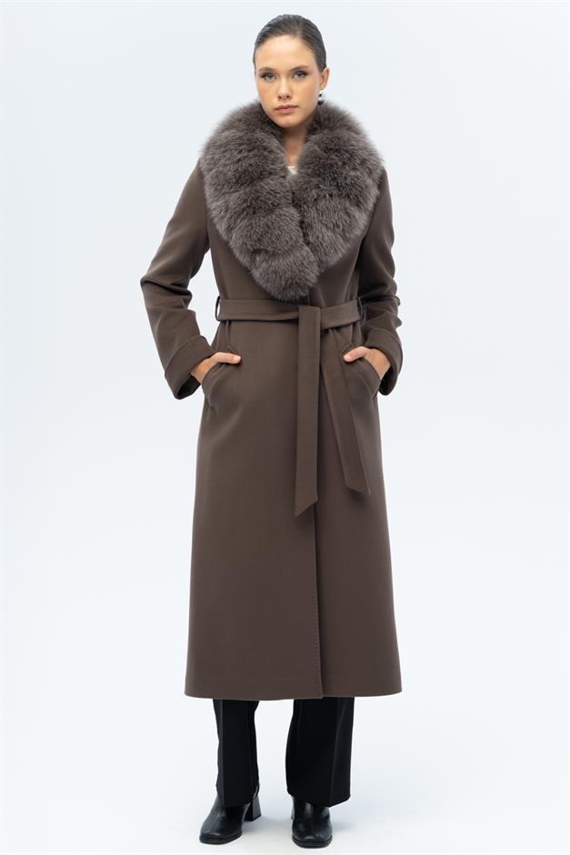 معطف كشمير طويل مبطن بالفرو قابل للفصل ومربوط عند الخصر دخان 3133-TK
