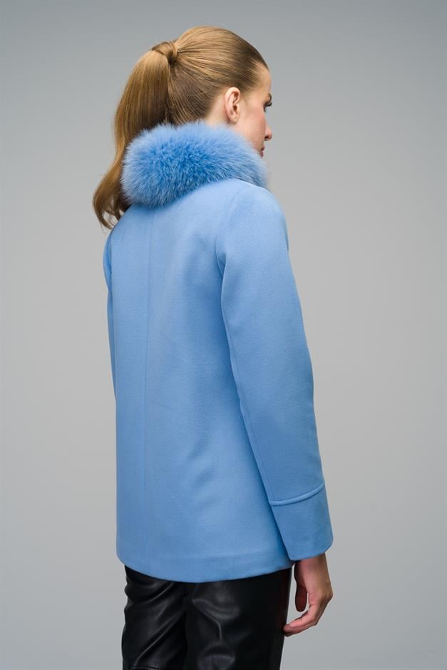 Short Cashmere Coat with Detachable Fur Brooch Detail BLUE 3053-TK