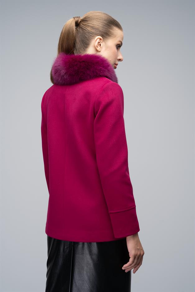 Short Cashmere Coat with Detachable Fur Brooch Detail Fuchsia 3053-TK