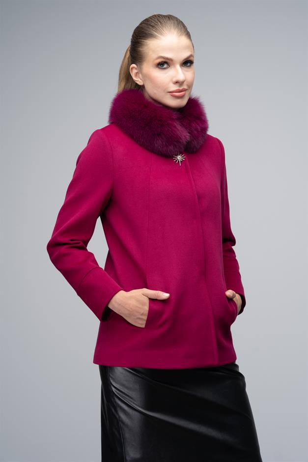 Short Cashmere Coat with Detachable Fur Brooch Detail Fuchsia 3053-TK