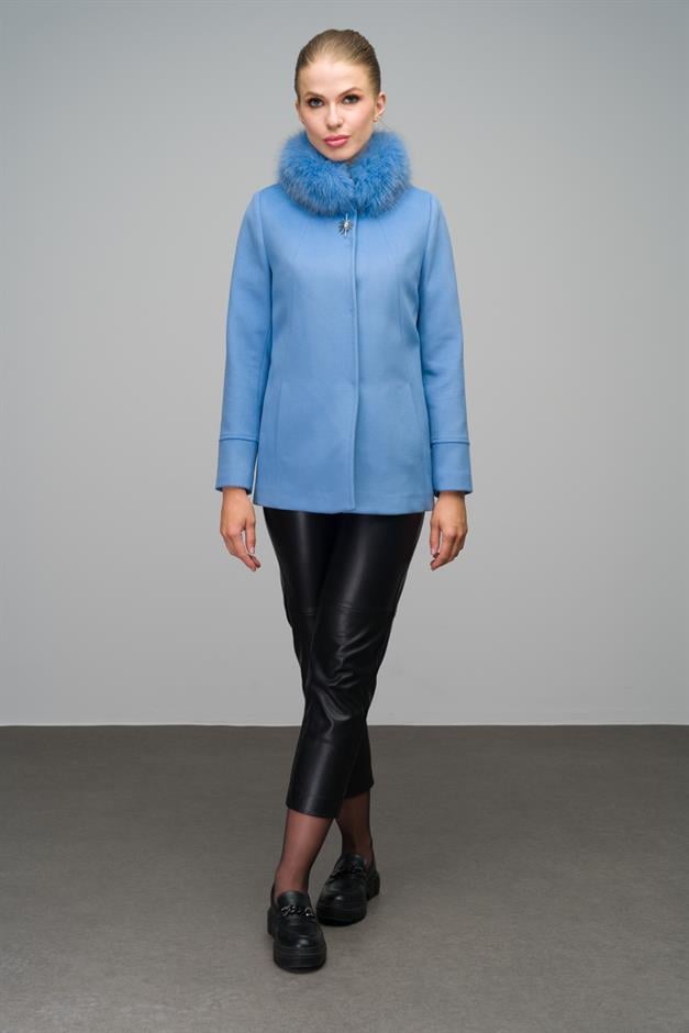 Short Cashmere Coat with Detachable Fur Brooch Detail BLUE 3053-TK