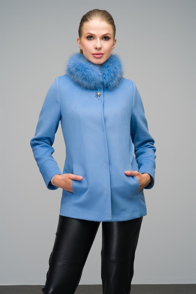 Short Cashmere Coat with Detachable Fur Brooch Detail BLUE 3053-TK