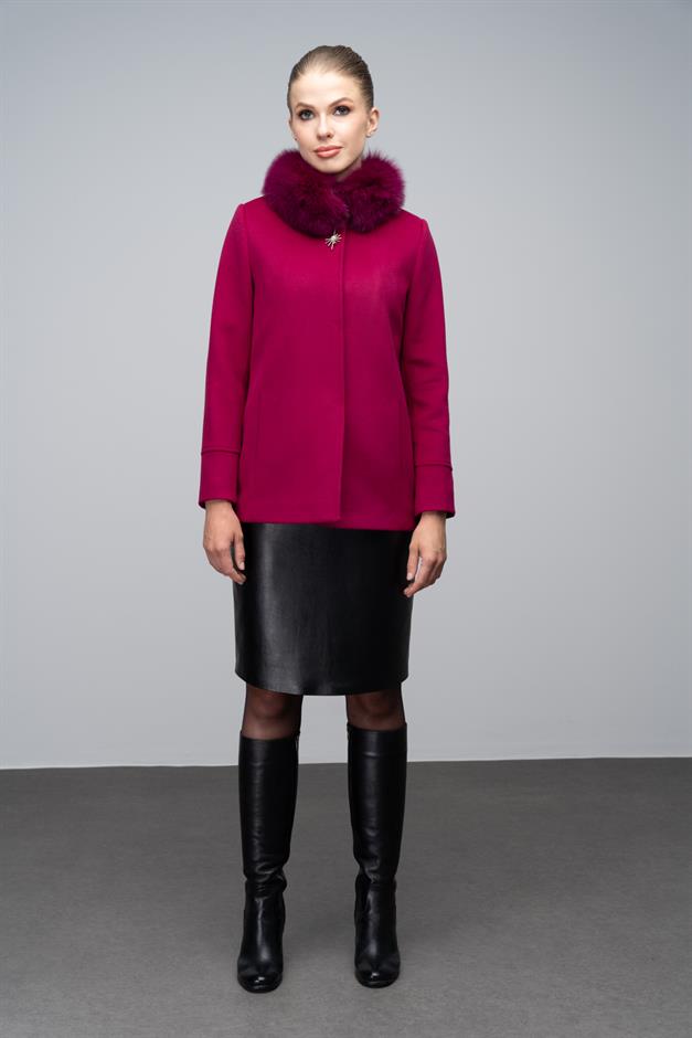 Short Cashmere Coat with Detachable Fur Brooch Detail Fuchsia 3053-TK