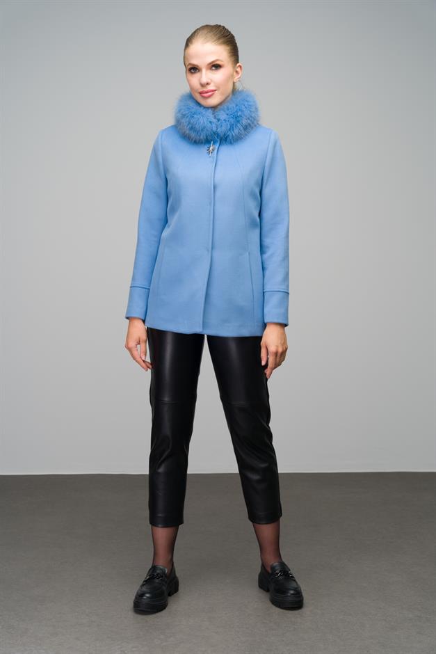 Short Cashmere Coat with Detachable Fur Brooch Detail BLUE 3053-TK