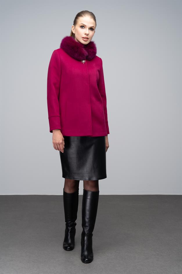 Short Cashmere Coat with Detachable Fur Brooch Detail Fuchsia 3053-TK