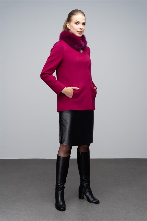 Short Cashmere Coat with Detachable Fur Brooch Detail Fuchsia 3053-TK