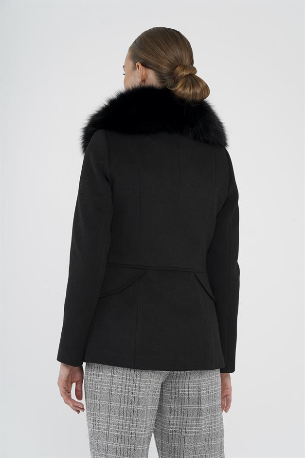 Short Cashmere Coat with Detachable Fur and Double Collar Detail BLACK 3815-TK