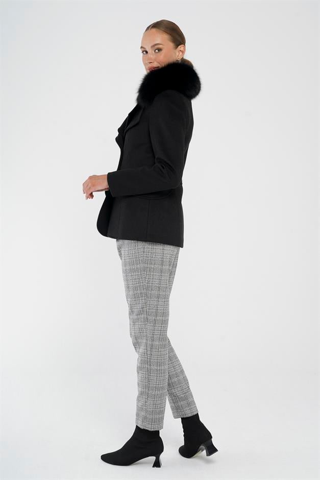 Short Cashmere Coat with Detachable Fur and Double Collar Detail BLACK 3815-TK