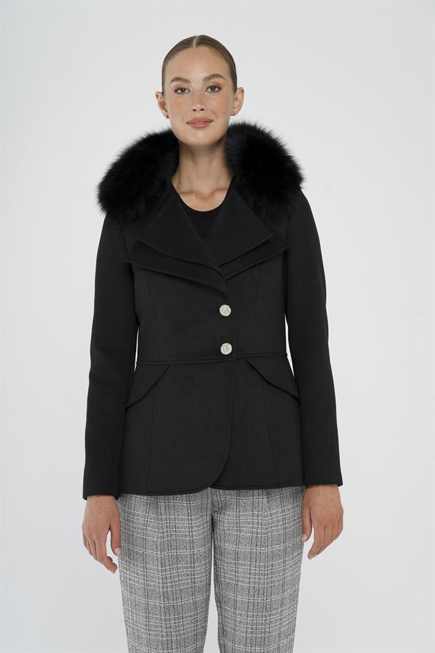 Short Cashmere Coat with Detachable Fur and Double Collar Detail BLACK 3815-TK