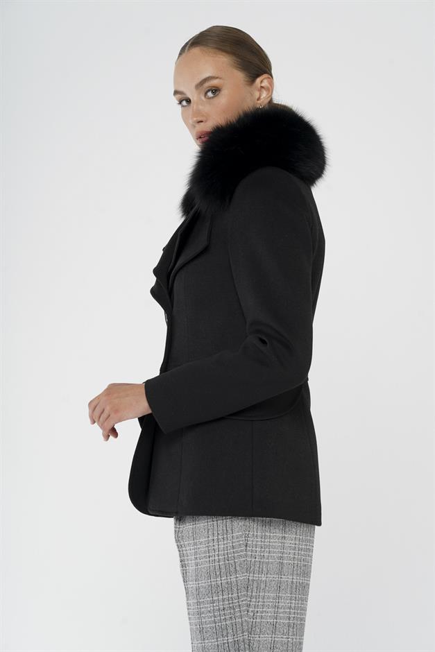 Short Cashmere Coat with Detachable Fur and Double Collar Detail BLACK 3815-TK