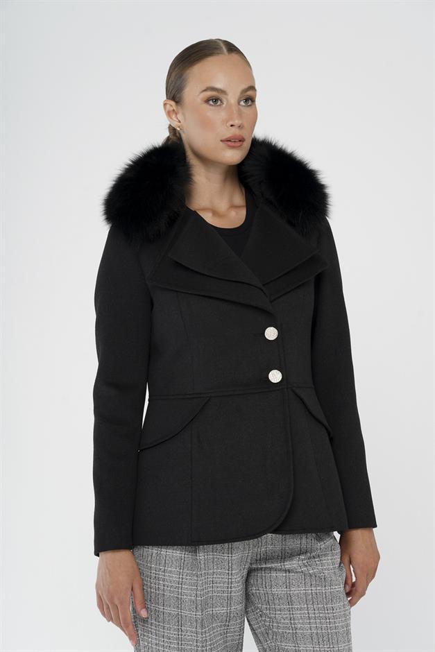 Short Cashmere Coat with Detachable Fur and Double Collar Detail BLACK 3815-TK