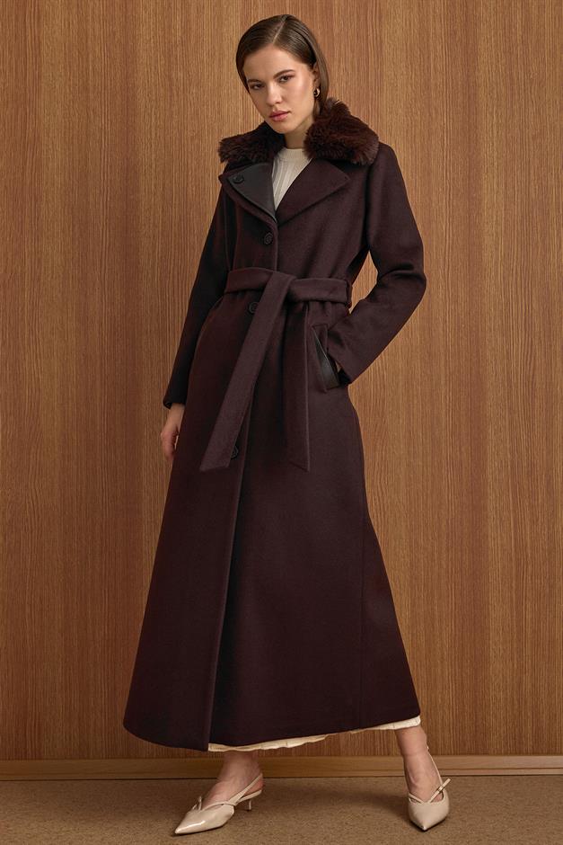 Çıkabilir Kürklü Deri Garnili Premium Kumaş Manto KAHVE 3153