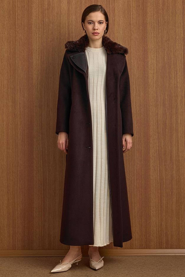 Çıkabilir Kürklü Deri Garnili Premium Kumaş Manto KAHVE 3153