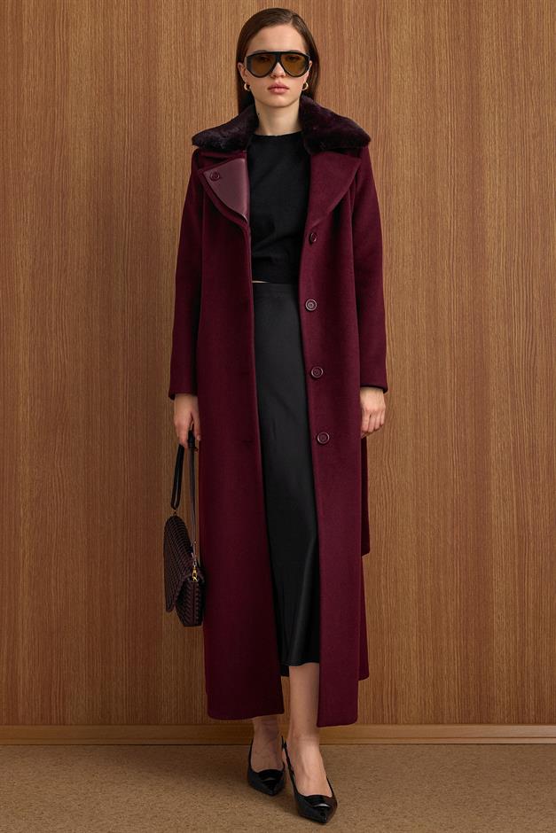 Çıkabilir Kürklü Deri Garnili Premium Kumaş Manto MÜRDÜM 3153