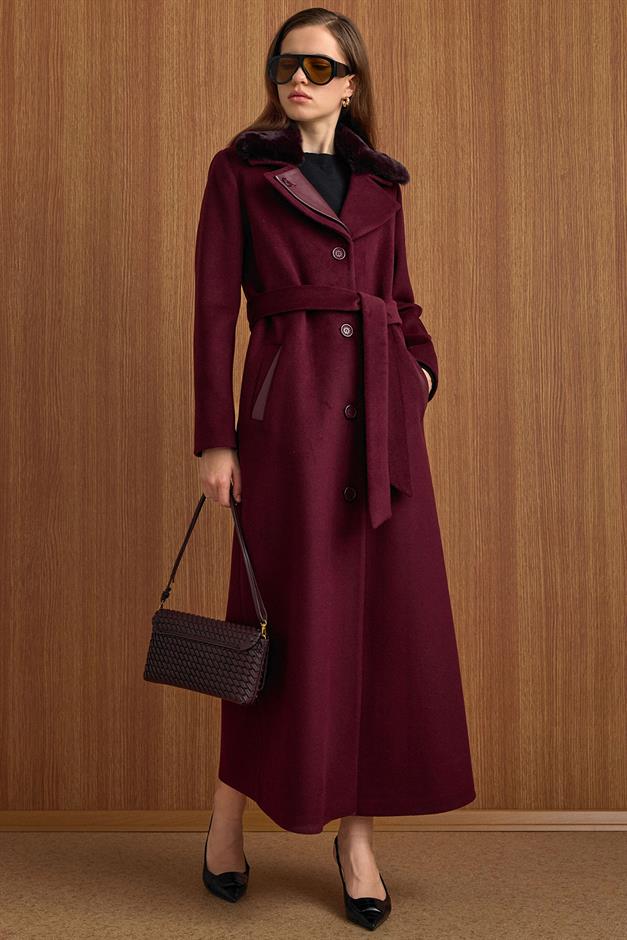 Çıkabilir Kürklü Deri Garnili Premium Kumaş Manto MÜRDÜM 3153