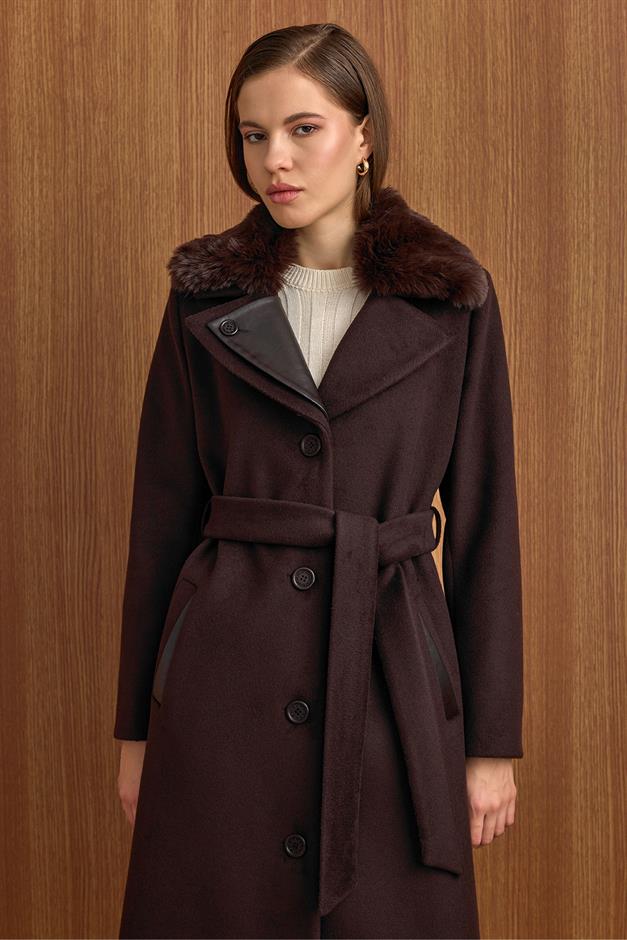 Çıkabilir Kürklü Deri Garnili Premium Kumaş Manto KAHVE 3153