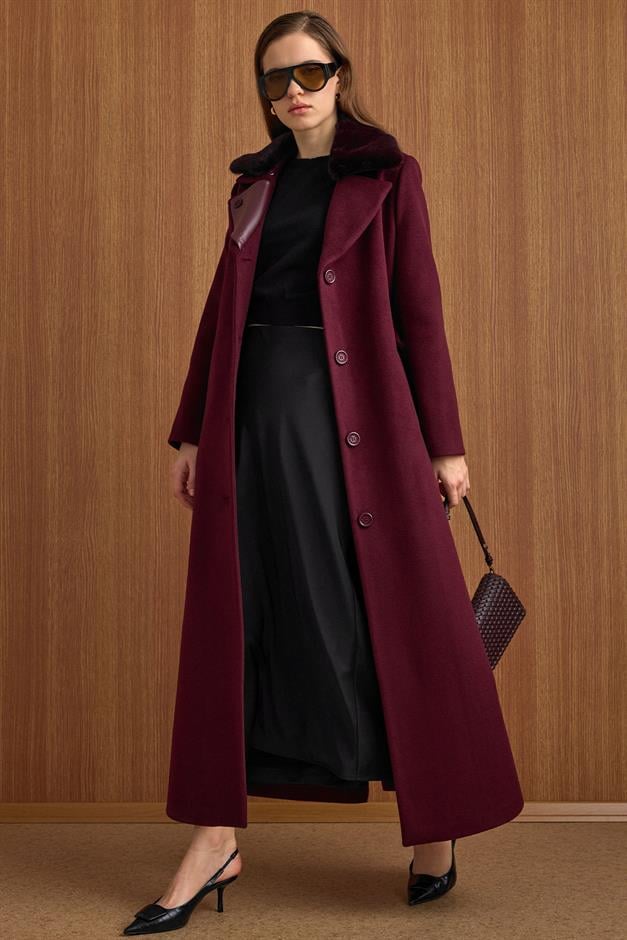 Çıkabilir Kürklü Deri Garnili Premium Kumaş Manto MÜRDÜM 3153