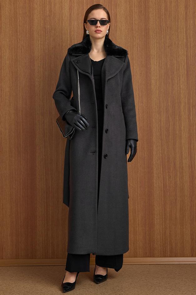 Çıkabilir Kürklü Deri Garnili Premium Kumaş Manto ANTRASİT 3153
